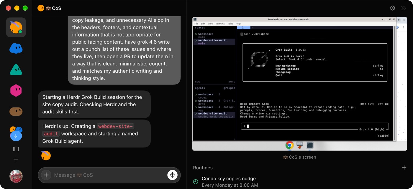 Grok Build running inside the cloud VM for a site copy audit