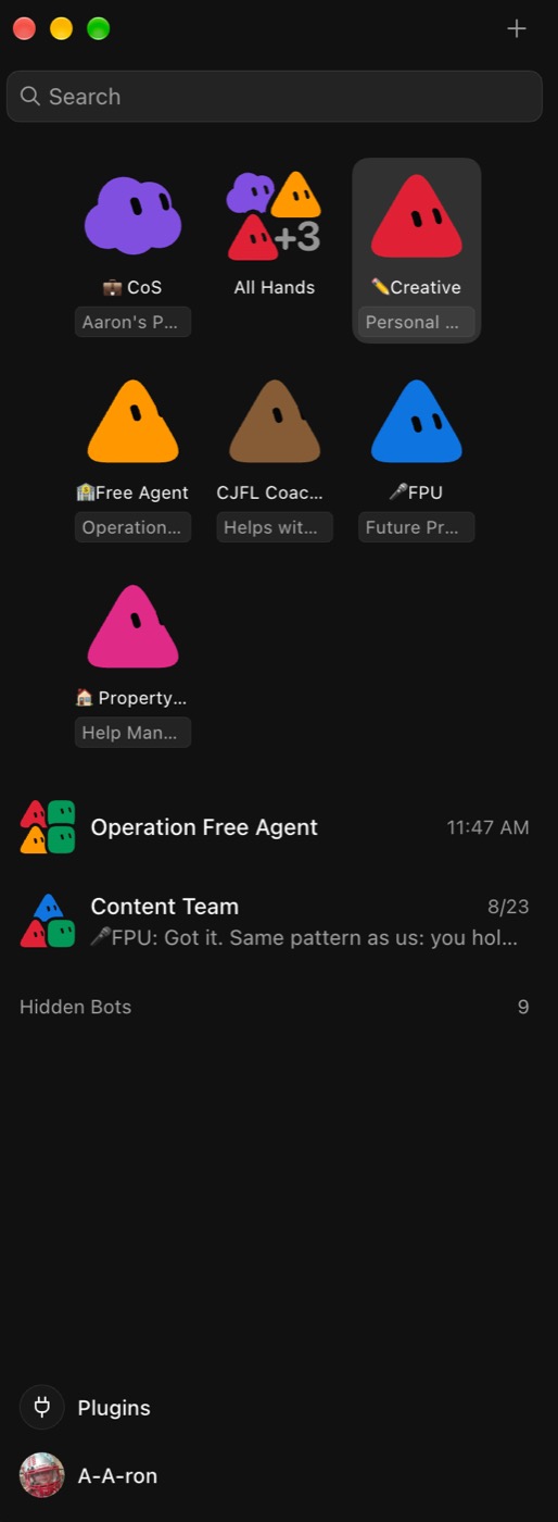 Grok Bot sidebar with CoS, Creative, Free Agent, and All Hands